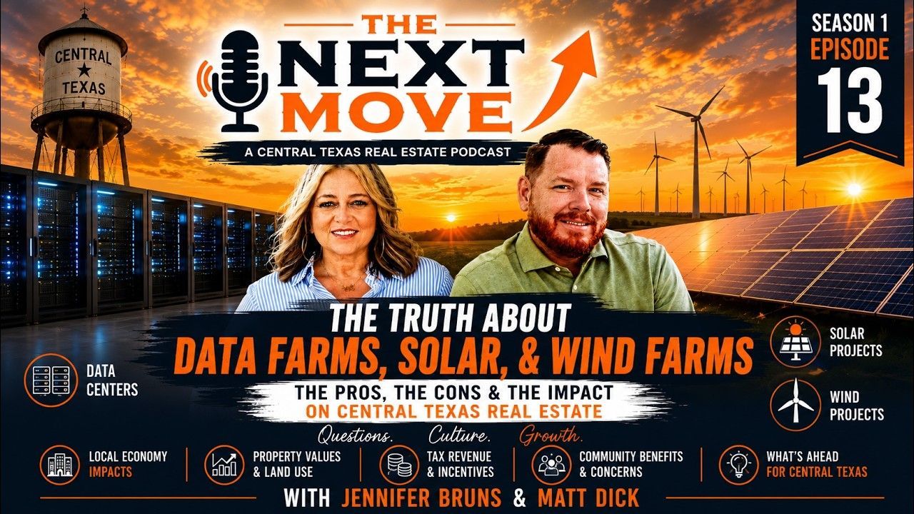 Podcast cover: “The Next Move” on data farms, solar, and wind farms, with two hosts and solar panels at sunset