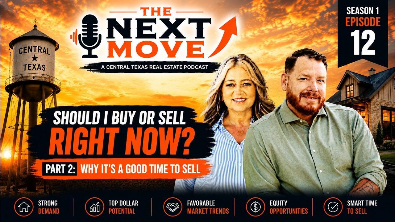 The Next Move podcast cover with two hosts and text: “Should I buy or sell right now?”