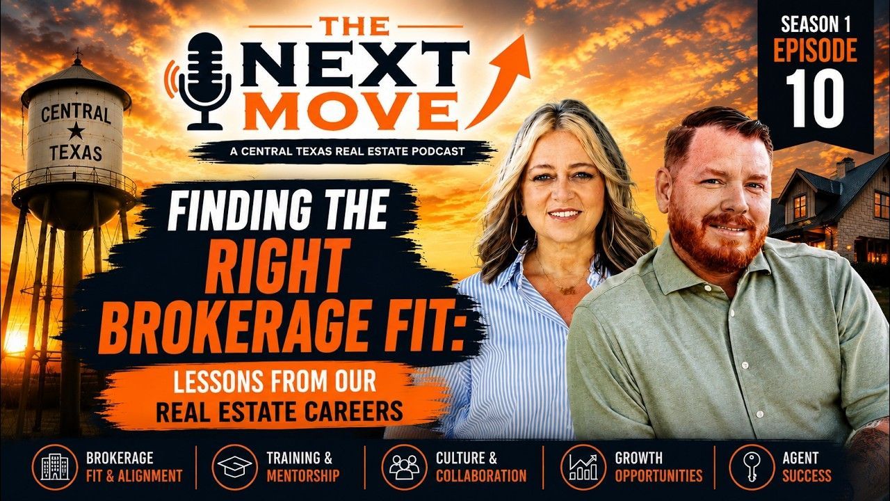 Podcast cover with “The Next Move,” bold brokerage fit text, and two hosts against a fiery Texas skyline.