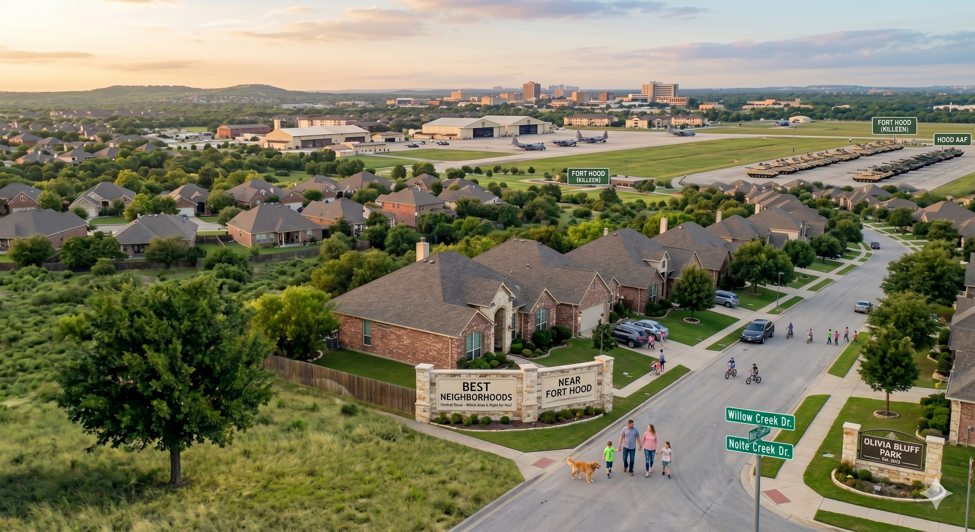 Aerial view of a suburban neighborhood with roads, houses, trees, and people near a street corner at sunset