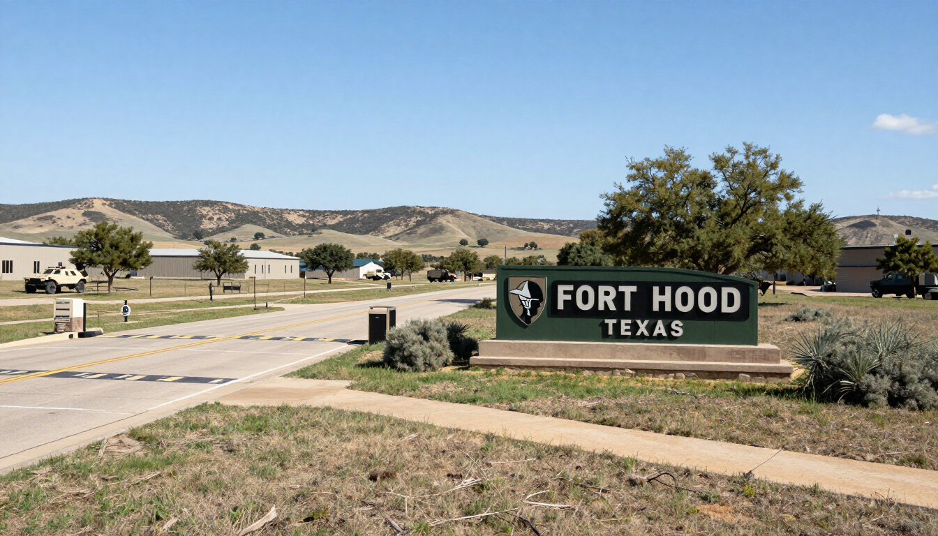 Fort Hood, Texas entrance sign beside a road with tan buildings and hills under a blue sky