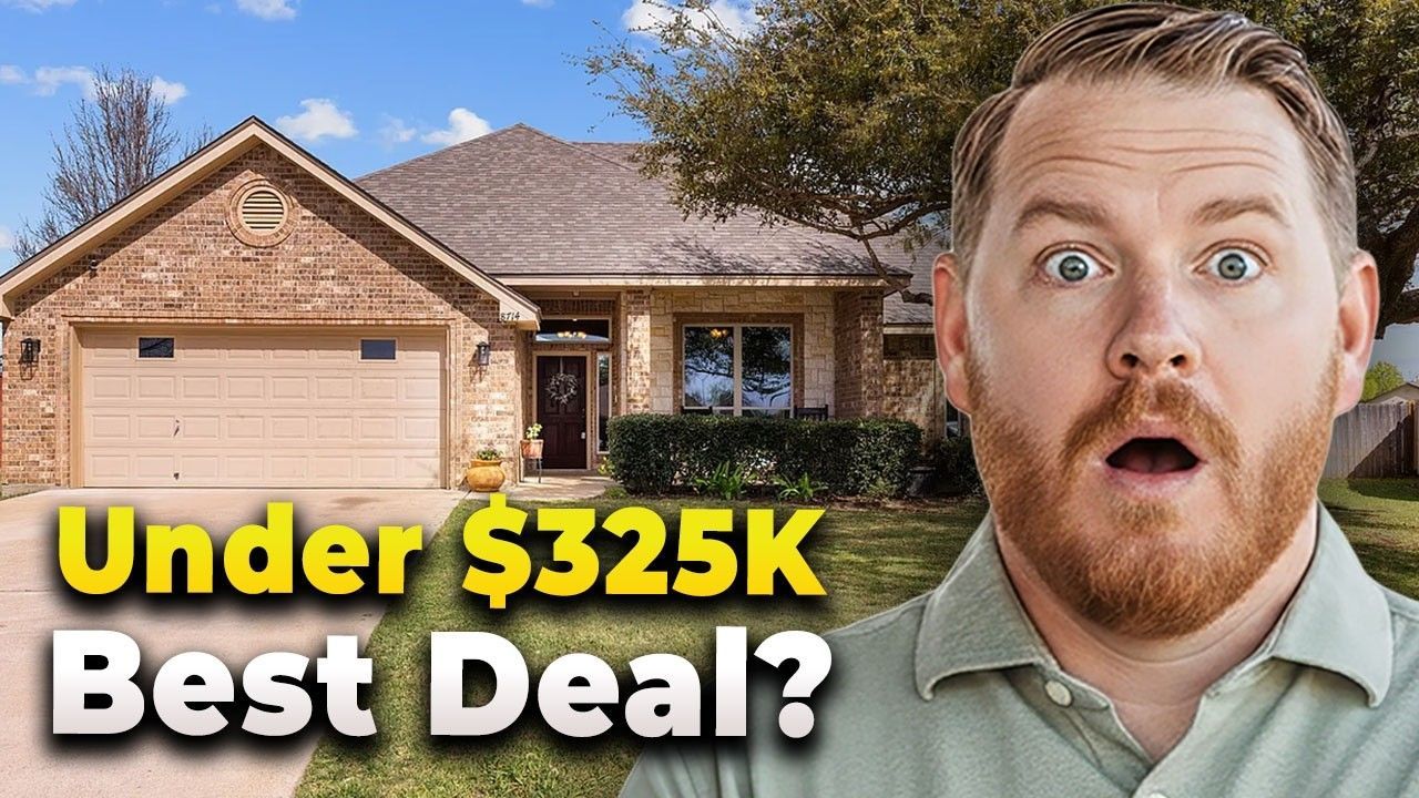 Brick house with surprised man and bold text: “Under $325k Best Deal?”