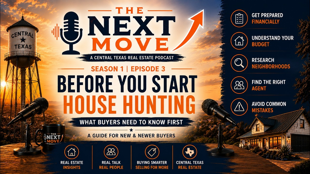 Podcast promo graphic with orange sky and mountain road: “The Next Move” season 1 episode 3