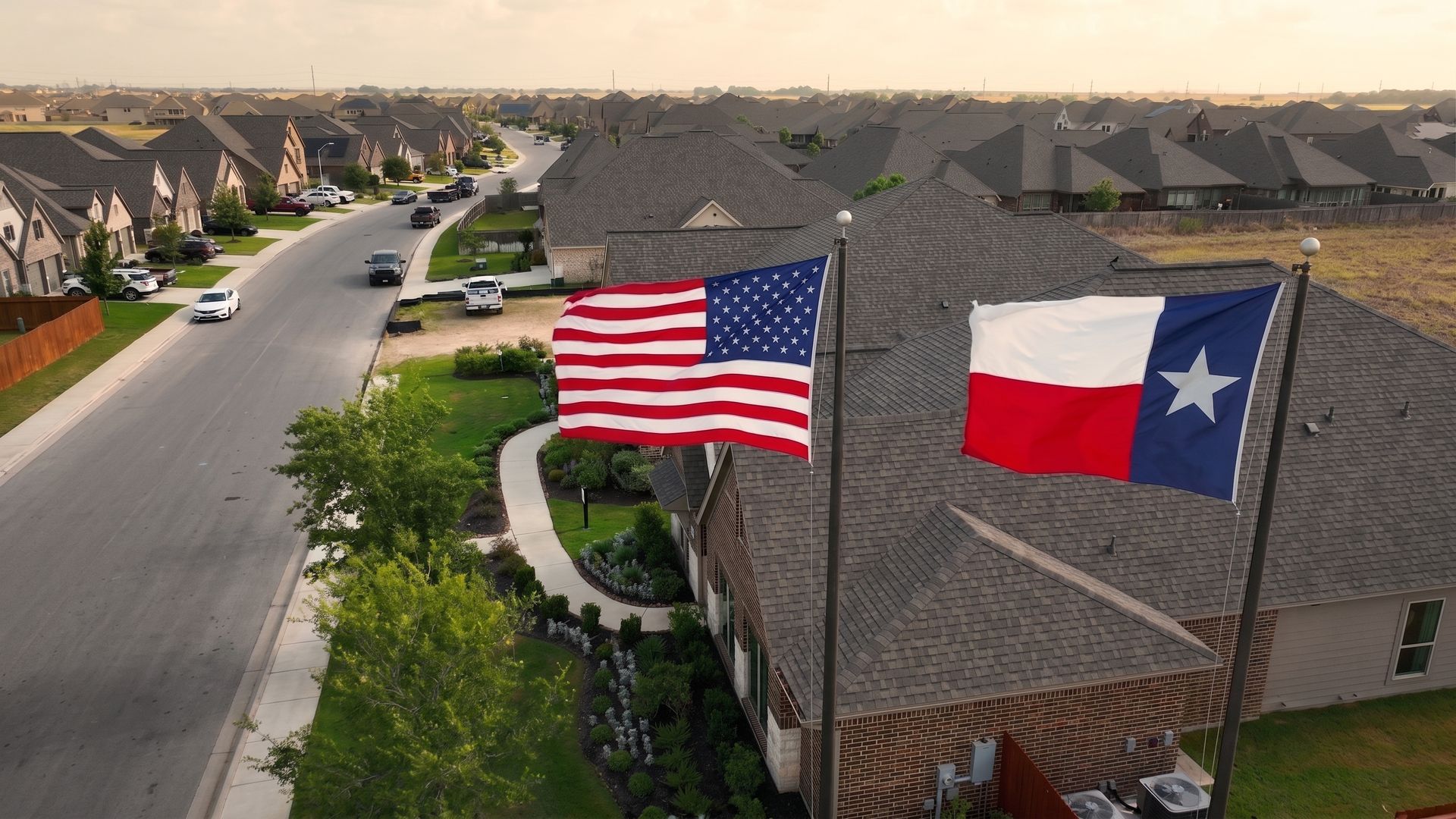 American and Texas flags flying above a suburban neighborhood street at sunset