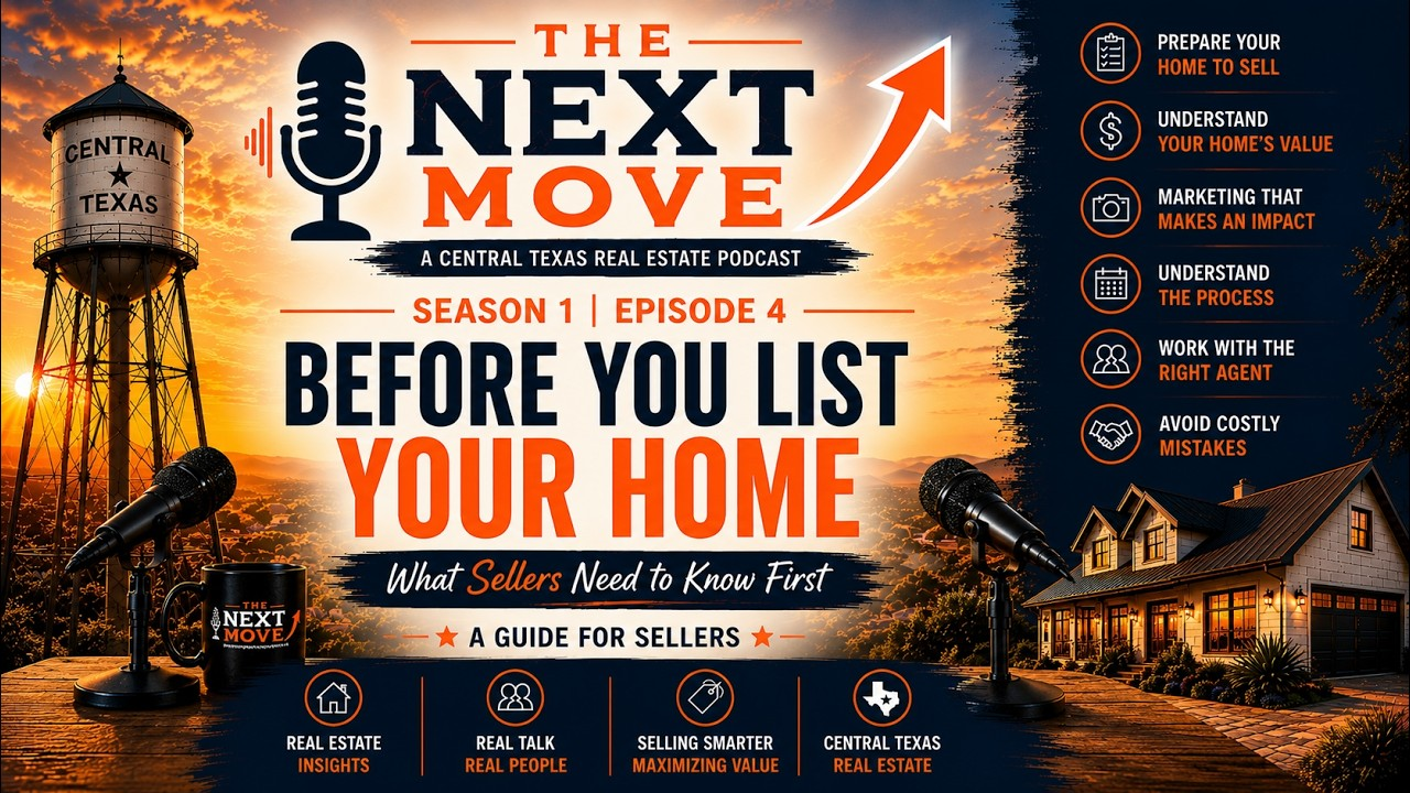 Real estate podcast promo with sunset house, bold “Before You List Your Home” text, and host icons