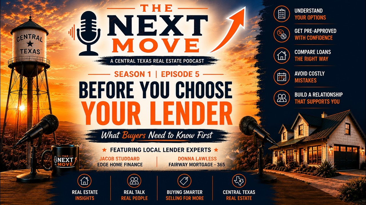 Podcast-style poster for “The Next Move: Before You Choose Your Lender,” with a lighthouse and sunrise background