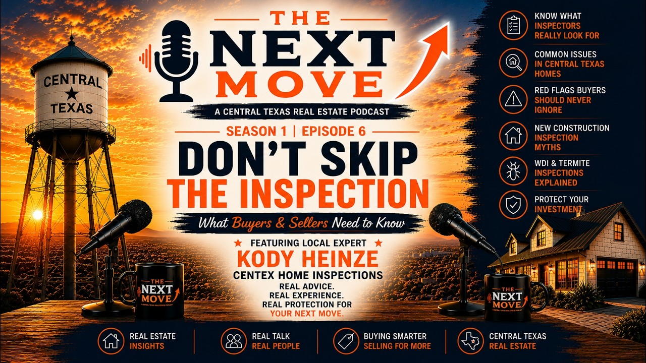 Podcast promo poster for The Next Move, “Don’t Skip the Inspection,” with a sunset Texas oil-field backdrop 