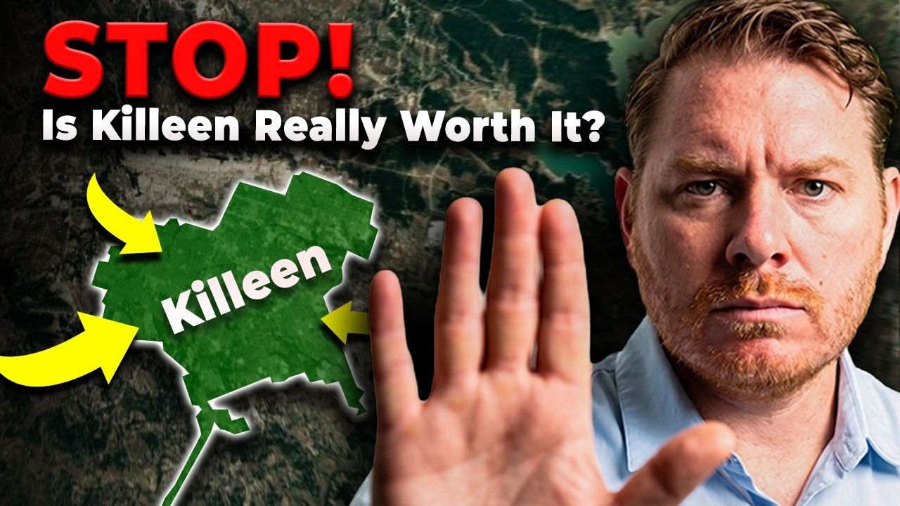 Red stop sign text, “Is Killeen Really Worth It?”, map of Killeen, and man holding up a hand to stop.