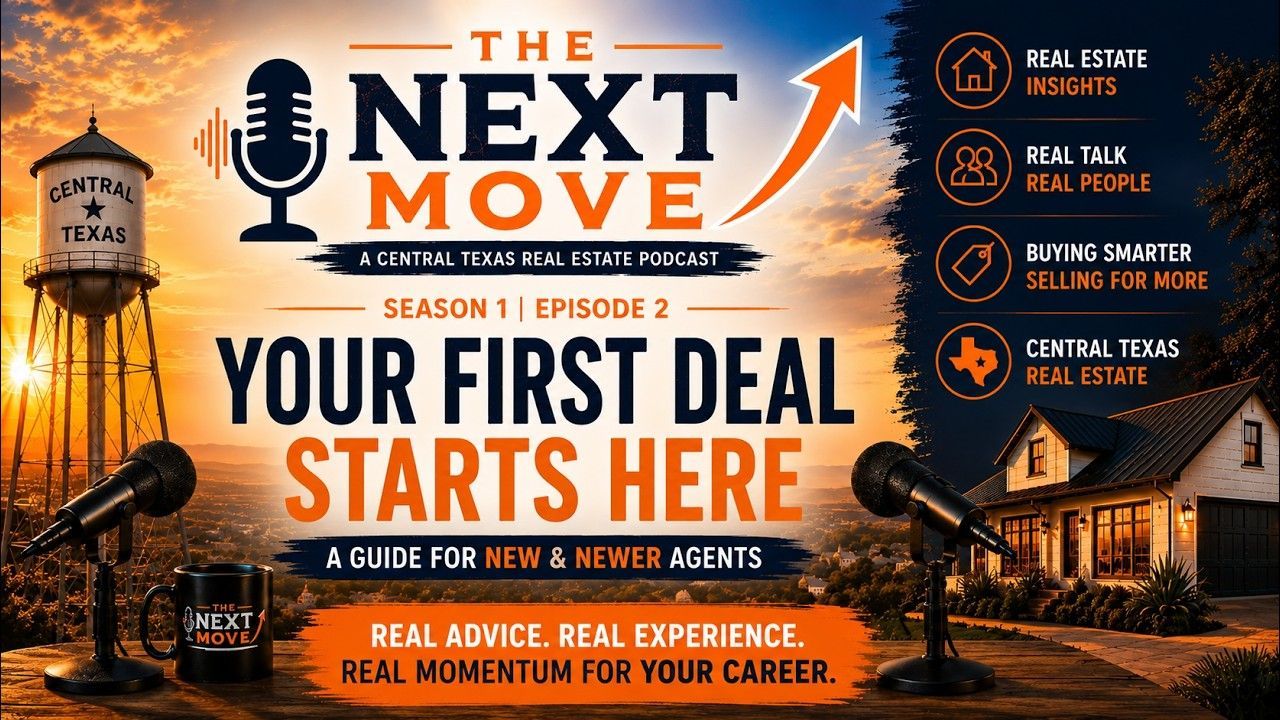 Orange-black podcast-style promo: “The Next Move” with mic, houses, and “Your first deal starts here.”