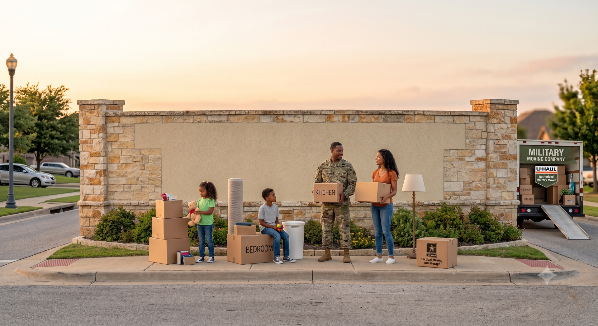 Military family unloading moving boxes outside a home during a PCS move to Fort Hood, Texas