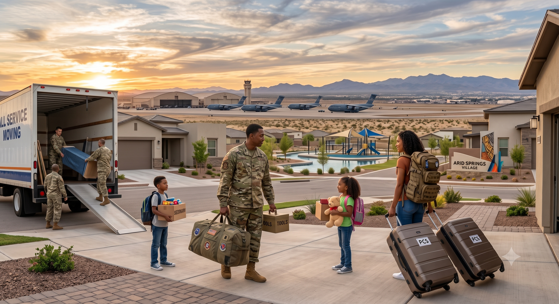 Airfield at sunset with soldiers and civilians unloading luggage near a transport plane