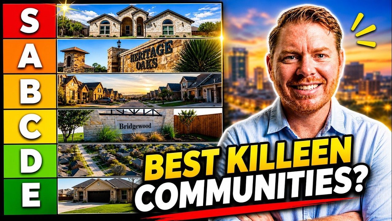Ranking graphic of Killeen communities with S-A to E grades and a smiling man beside the title 