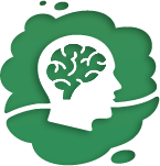 White silhouette of a head with brain, in a green cloud.