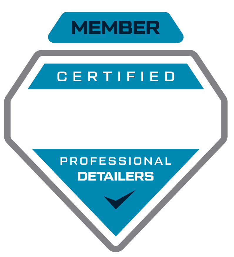 Badge for certified professional detailers; blue, gray, and white colors. Diamond shape, with 