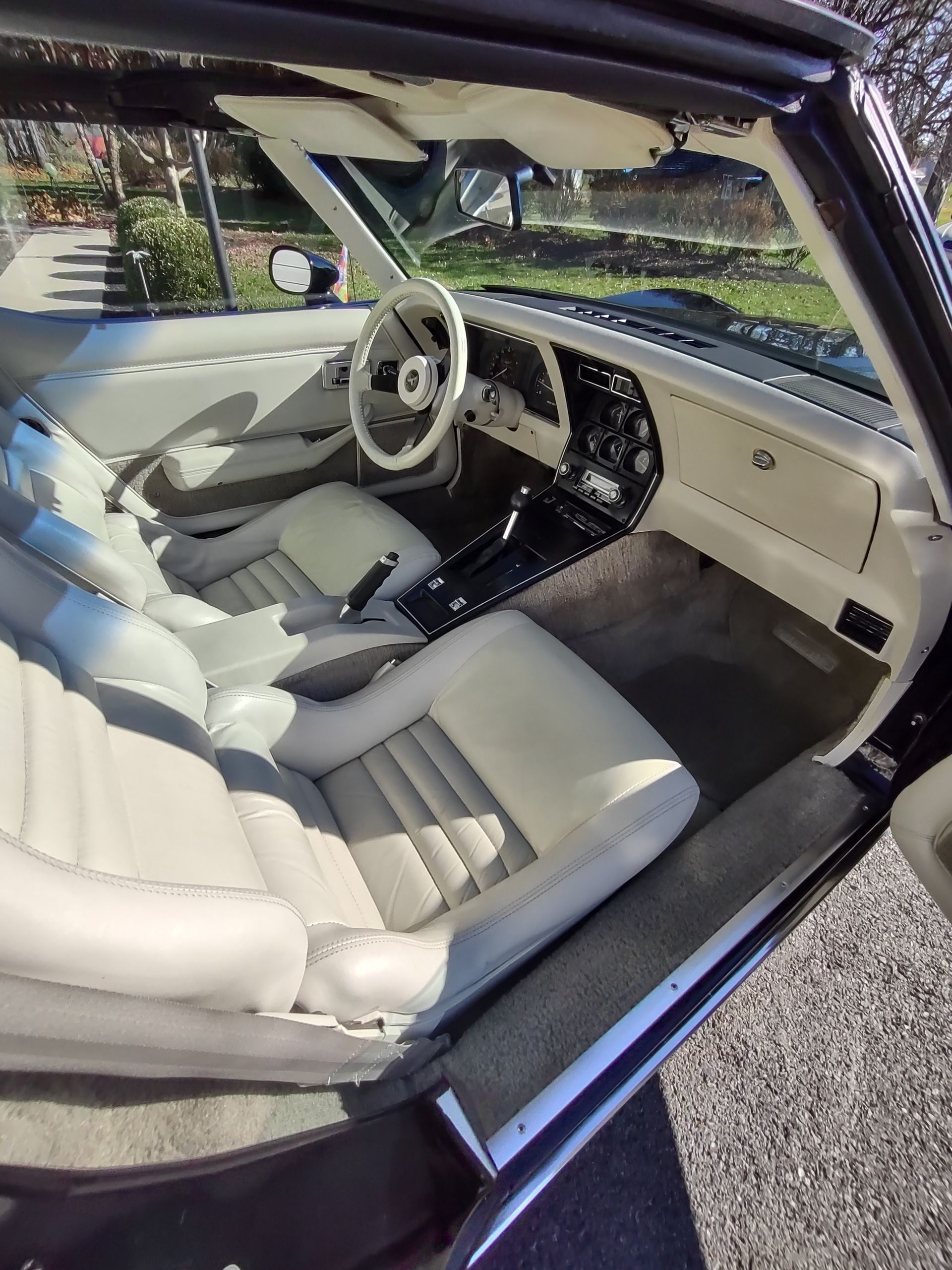 A black car with white seats and a steering wheel