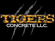 TIGER'S Concrete LLC logo with gold text and gray claw marks on a black background