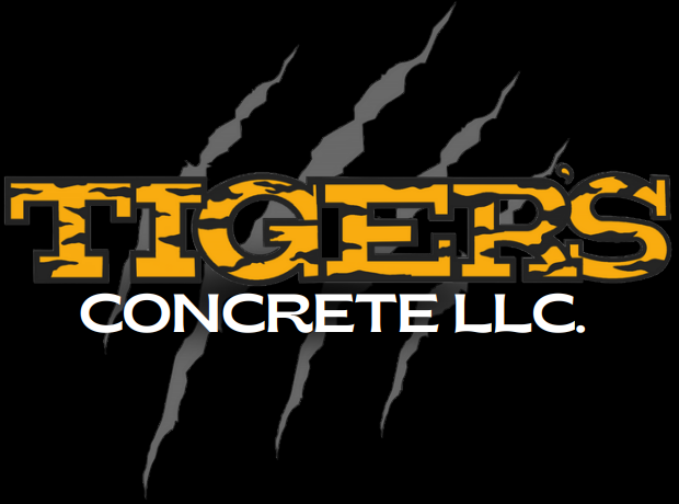 TIGER'S Concrete LLC logo with gold text and gray claw marks on a black background