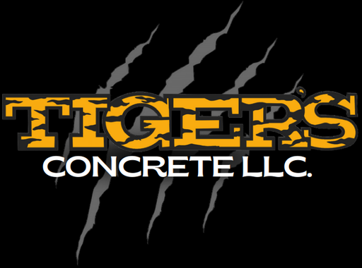 TIGER'S Concrete LLC logo with gold text and gray claw marks on a black background