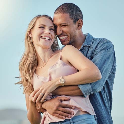 Love, diversity and couple hug on vacation