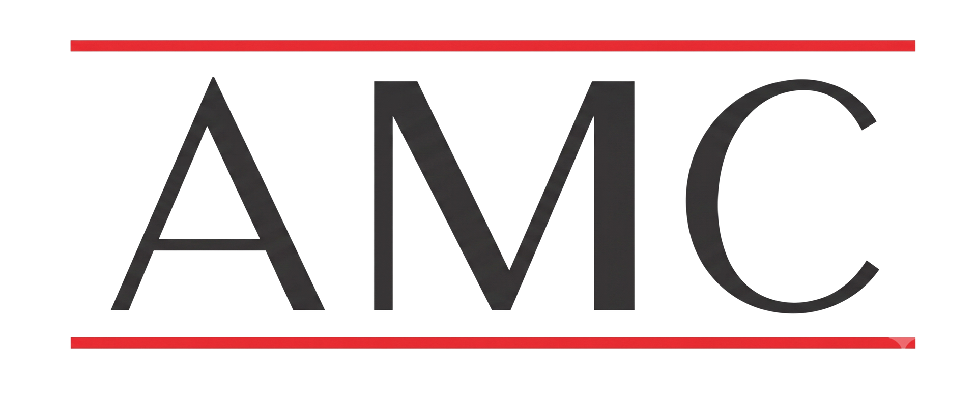AMC logo in black letters with red horizontal lines above and below