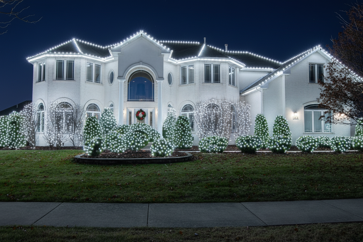 Large white house at night, decorated with white Christmas lights.
