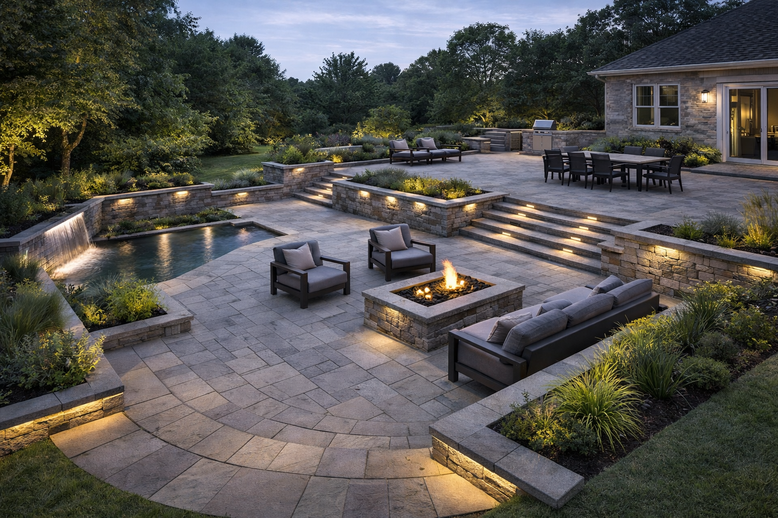 Nighttime backyard patio with a pool, fire pit, seating, and landscape lighting.