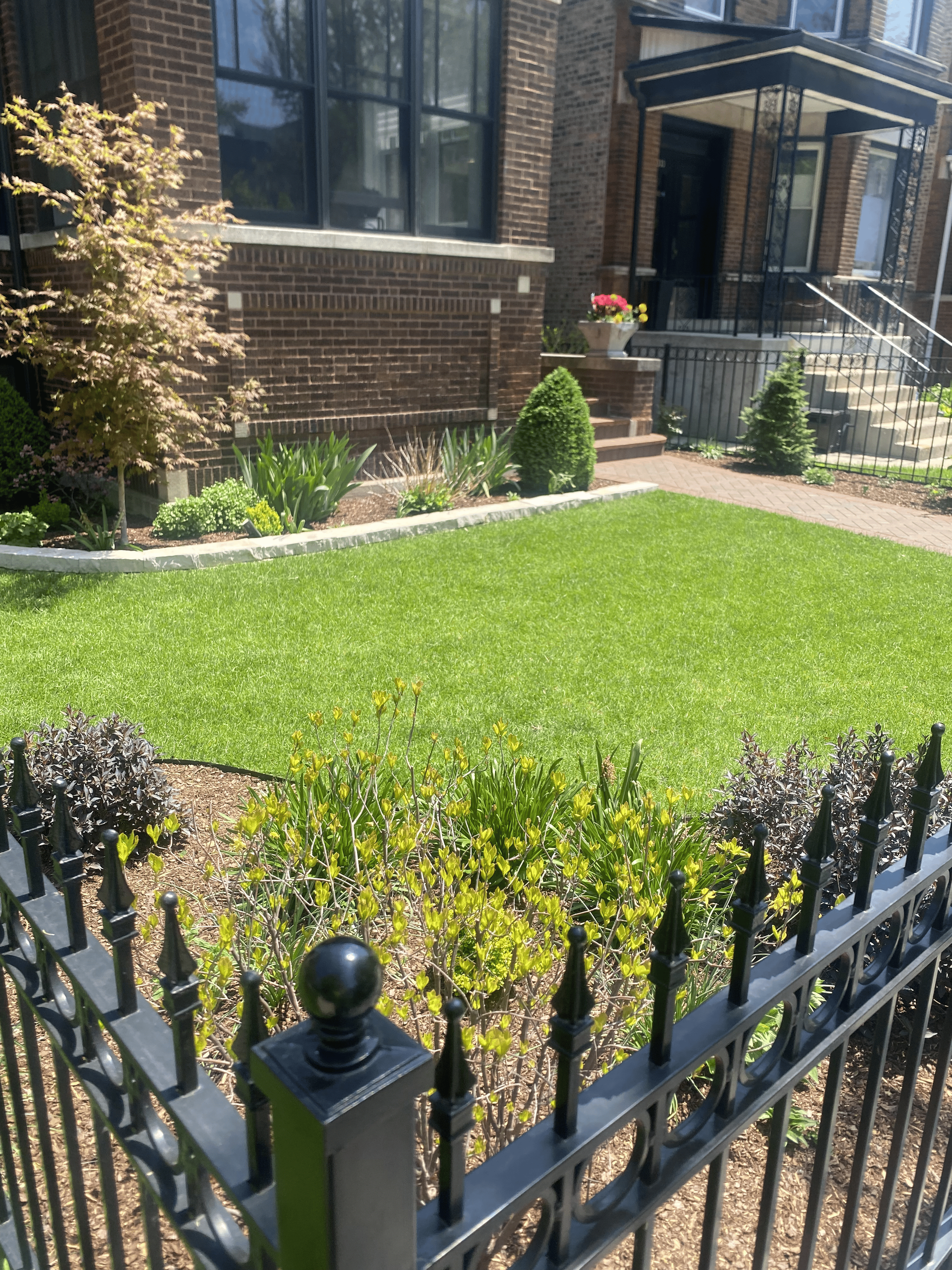 Lush green lawn and garden beds in front of a brick house, black iron fence in foreground.