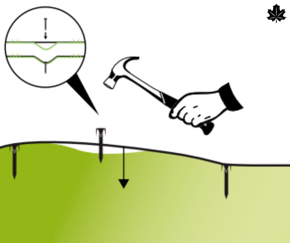 Person hammering a nail into a green surface, with an inset showing the nail head and a dent.