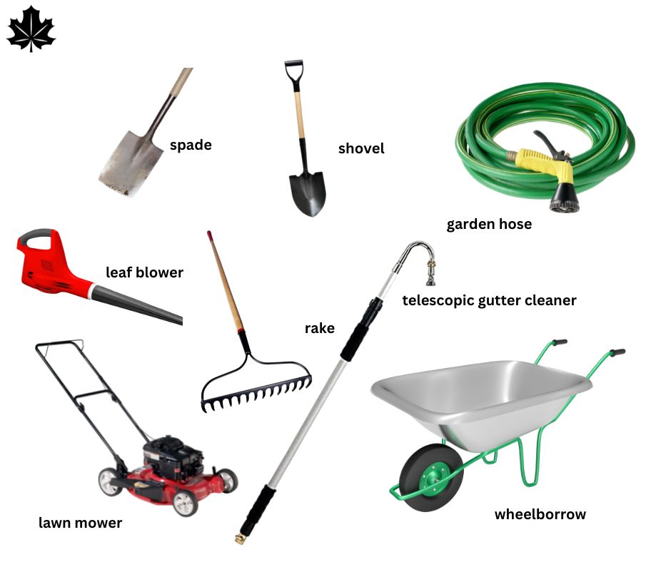 Garden tools: spade, shovel, hose, leaf blower, rake, gutter cleaner, lawn mower, and wheelbarrow.