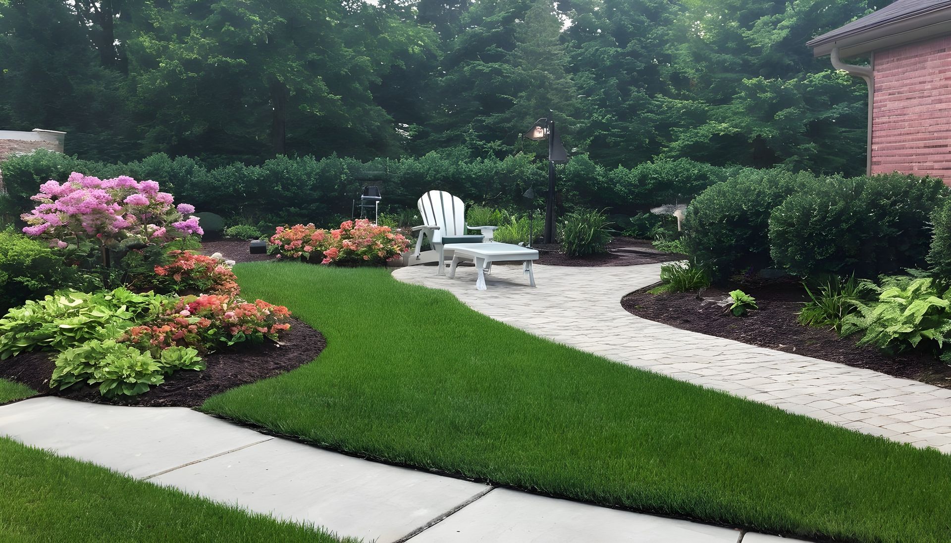 Green lawn with stone pathways leading to a white chair, surrounded by colorful flowers and lush greenery.