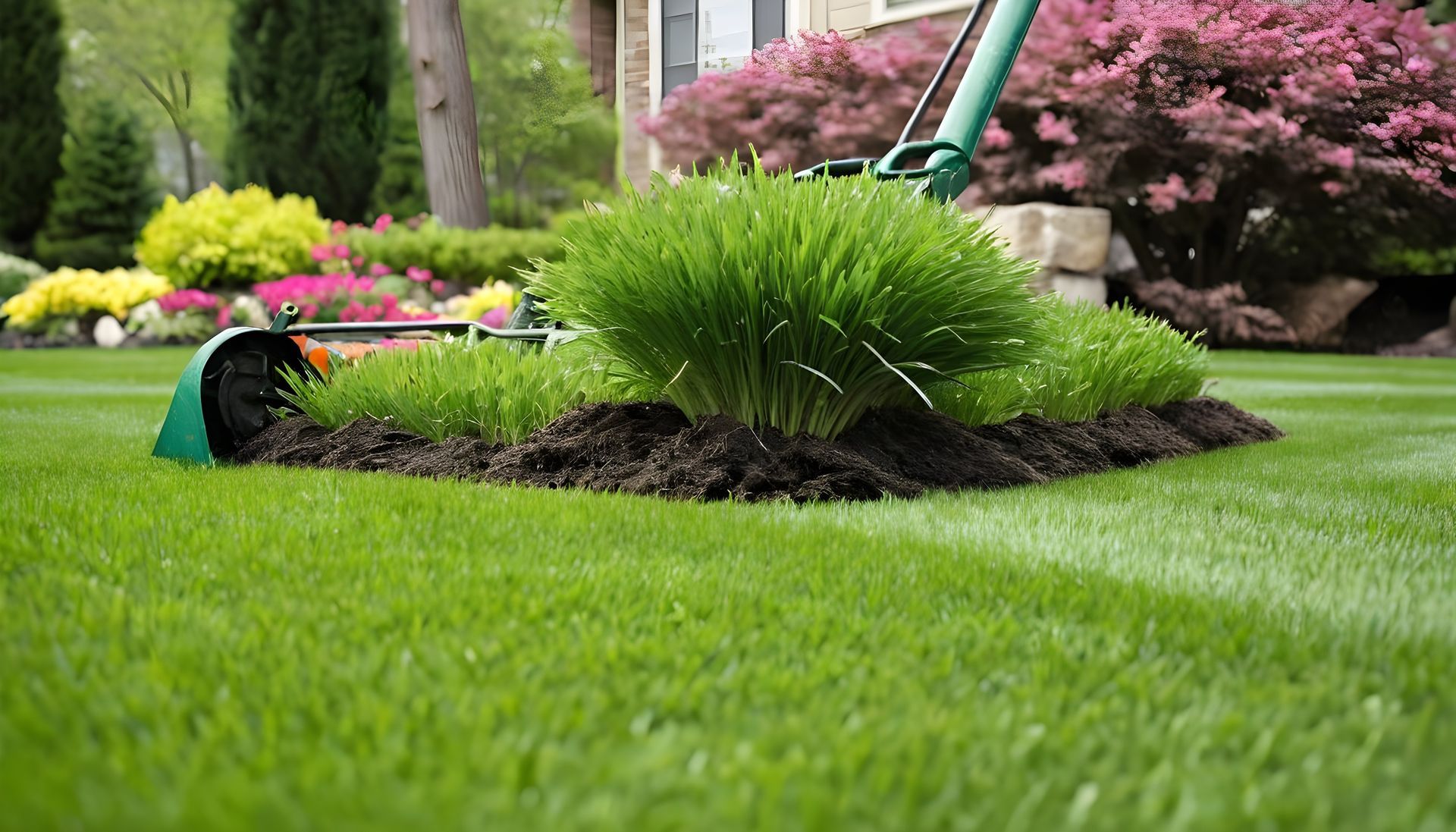 Lawn being mowed, grassy yard, green, with flowers and house in background.