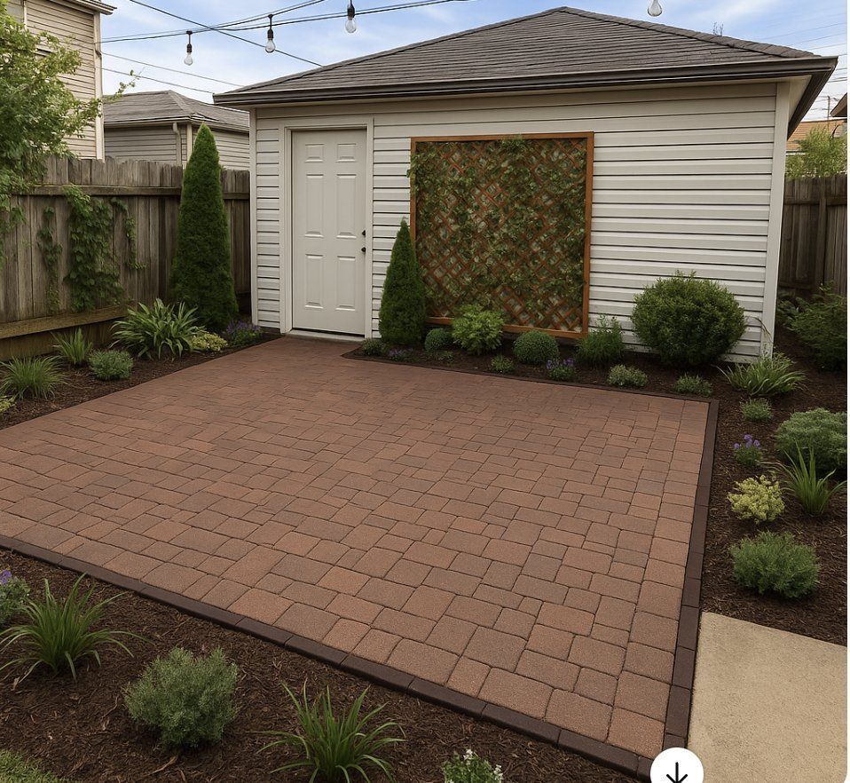Brick patio with a white shed, a wooden trellis with plants, and various shrubs.