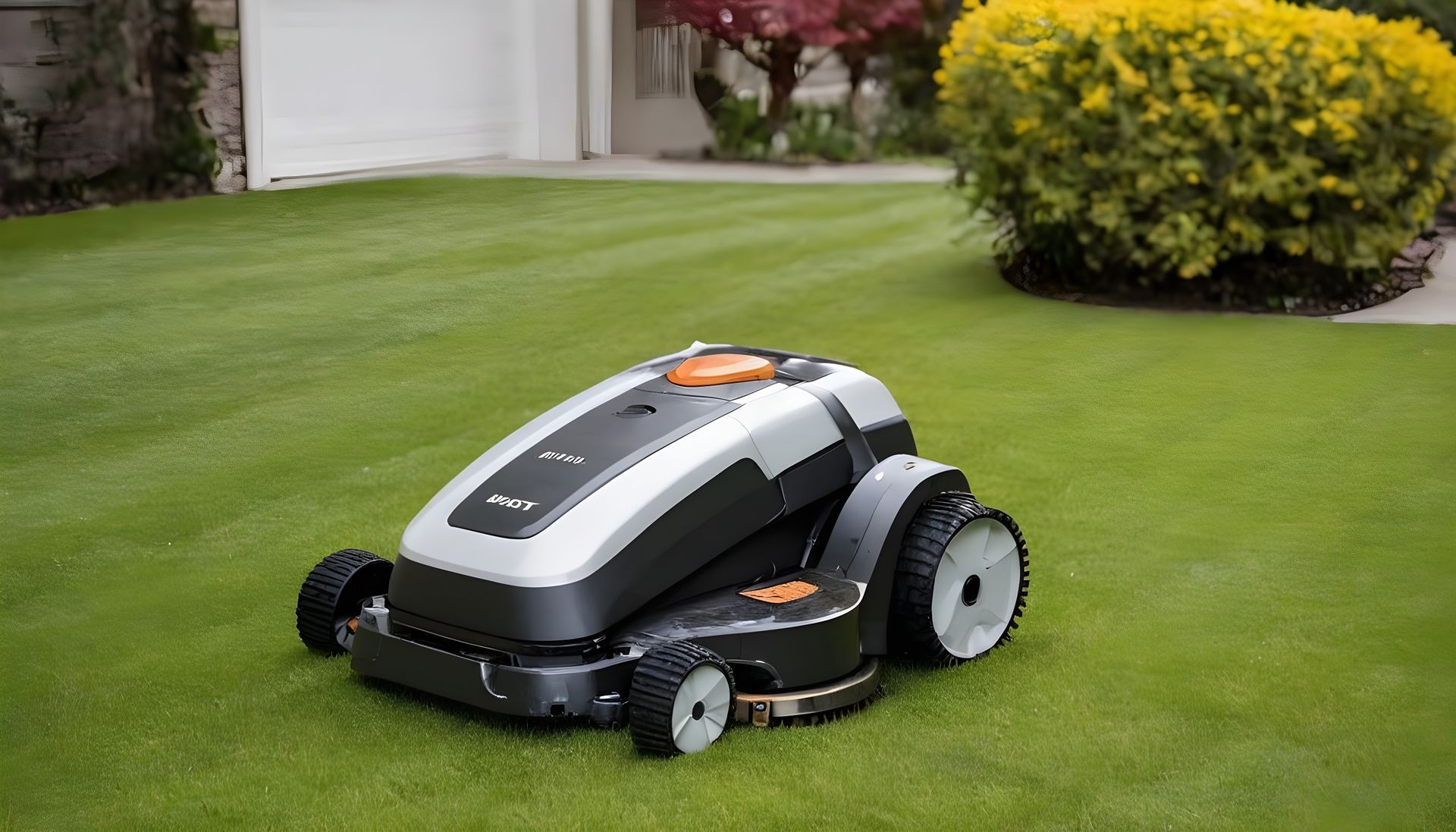 Robotic lawnmower on a green lawn near a house and a bush.