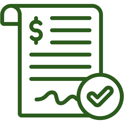 Green invoice with dollar sign, signature, and check mark in a circle, indicating approval.