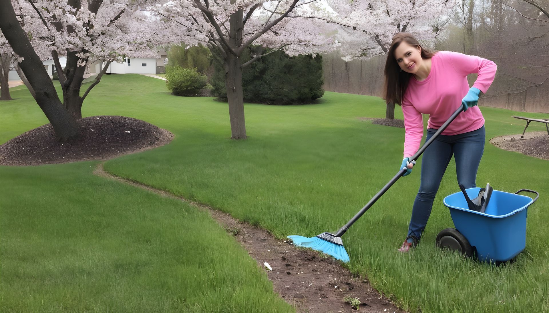 Woman raking debris from a lawn edge, wearing pink, blue gloves, near a tree in spring.