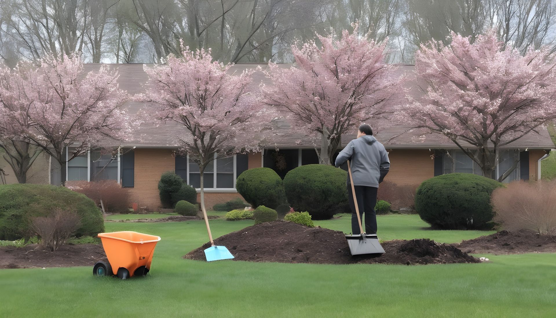 Man shoveling dirt on a lawn in front of a house with flowering trees and a wheelbarrow.