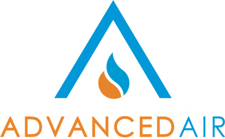 Logo for Advanced Air: Blue triangle over flame icon, orange and blue, with orange "ADVANCED AIR" text.