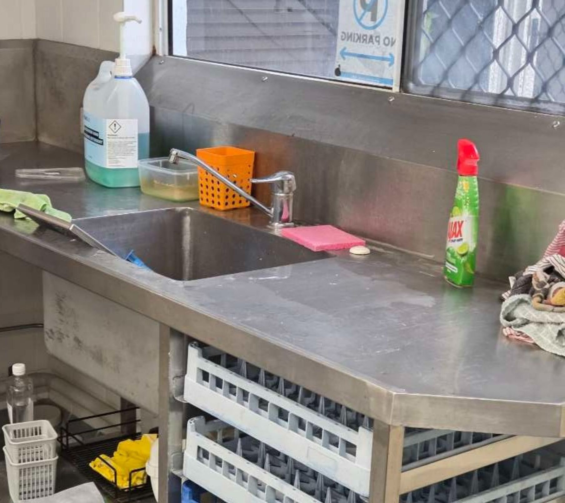 Dirty Stainless Steel Benchtop with Sink — Schmucker Cleaning in Gulliver, QLD