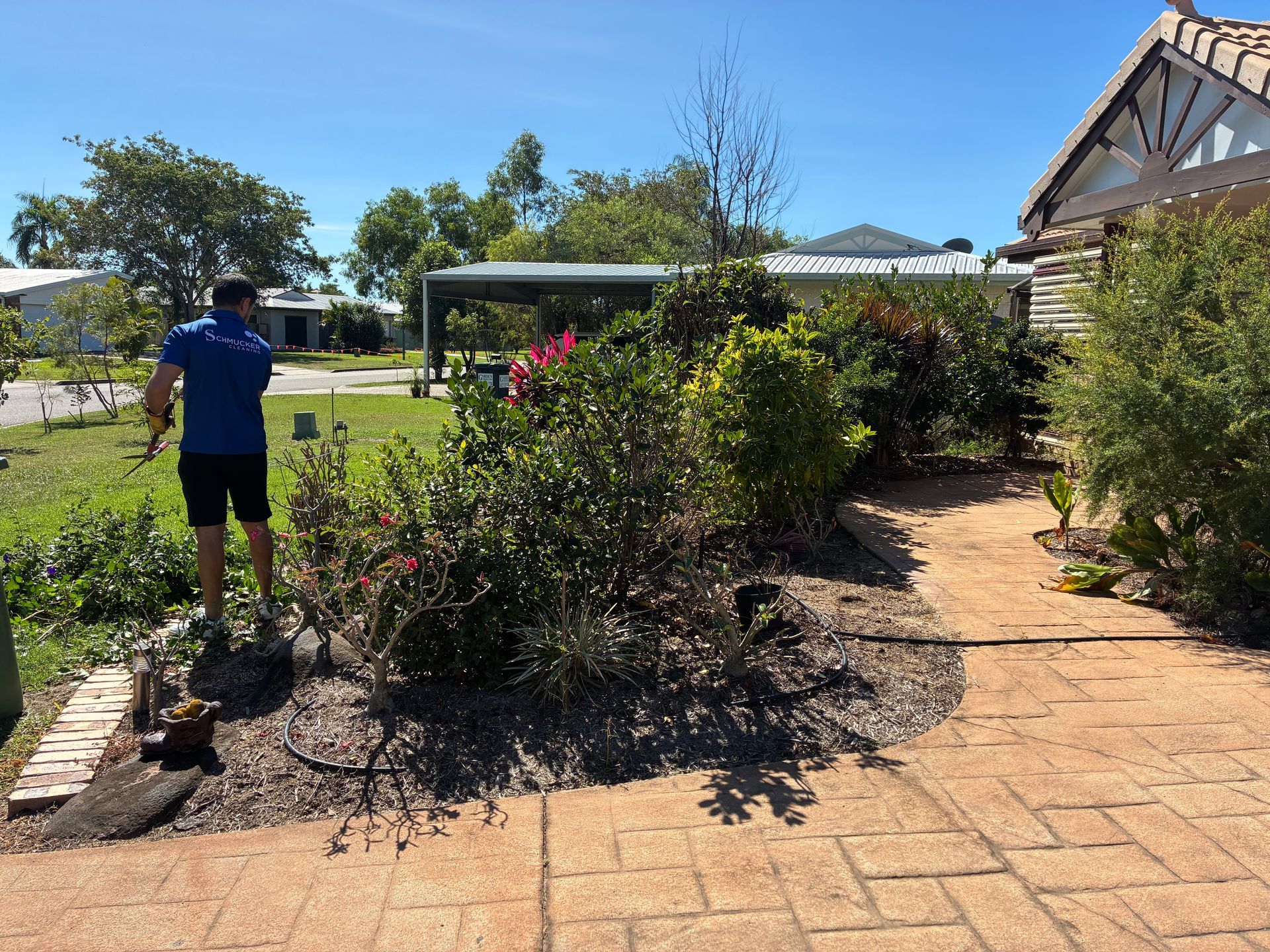 Person watering a garden path beside bushes and flowers on a sunny day — Schmucker Cleaning in Gulliver, QLD