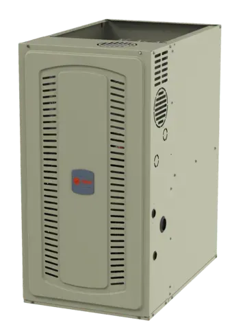 Tan rectangular Trane furnace with vents, front door, and logo.