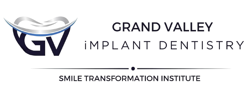 Grand Valley Implant Dentistry logo with blue GV icon and Smile Transformation Institute tagline