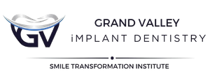 Grand Valley Implant Dentistry logo with blue GV icon and Smile Transformation Institute tagline