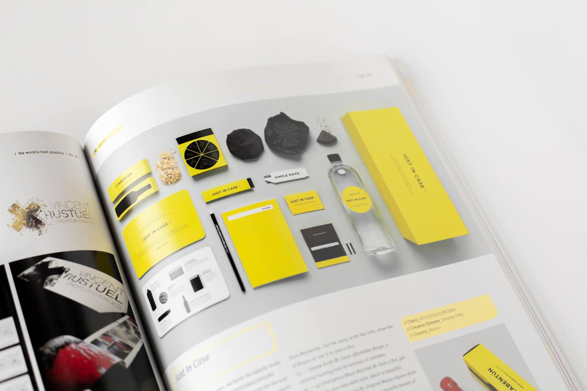 A magazine is open to a page with yellow objects on it.