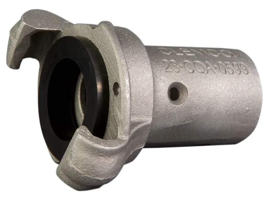 Silver metal hose coupling with three claw lugs and a black rubber gasket