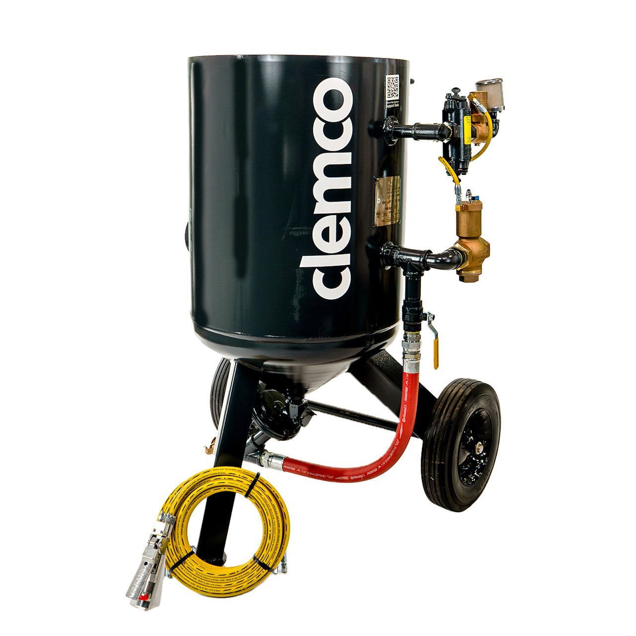 Clemco black sandblasting pot on wheels with hoses and control valves
