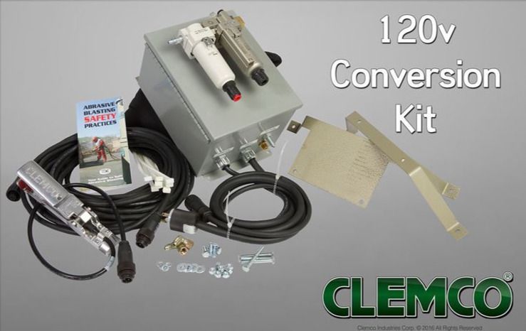 Clemco 120v conversion kit with gray control box, cables, switches, and hardware on a white background