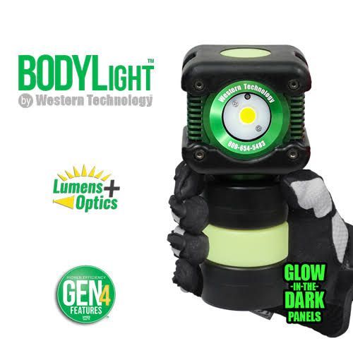 Glowing green BodyLight hand-held flashlight with Lumens+ Optics and Gen4 feature badges
