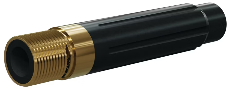 Black and gold cylindrical metal connector adapter on white background
