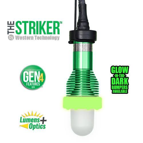 Green and black Striker lantern with frosted globe, labeled Gen 4, Lumens+ Optics, glow-in-the-dark bumpers.