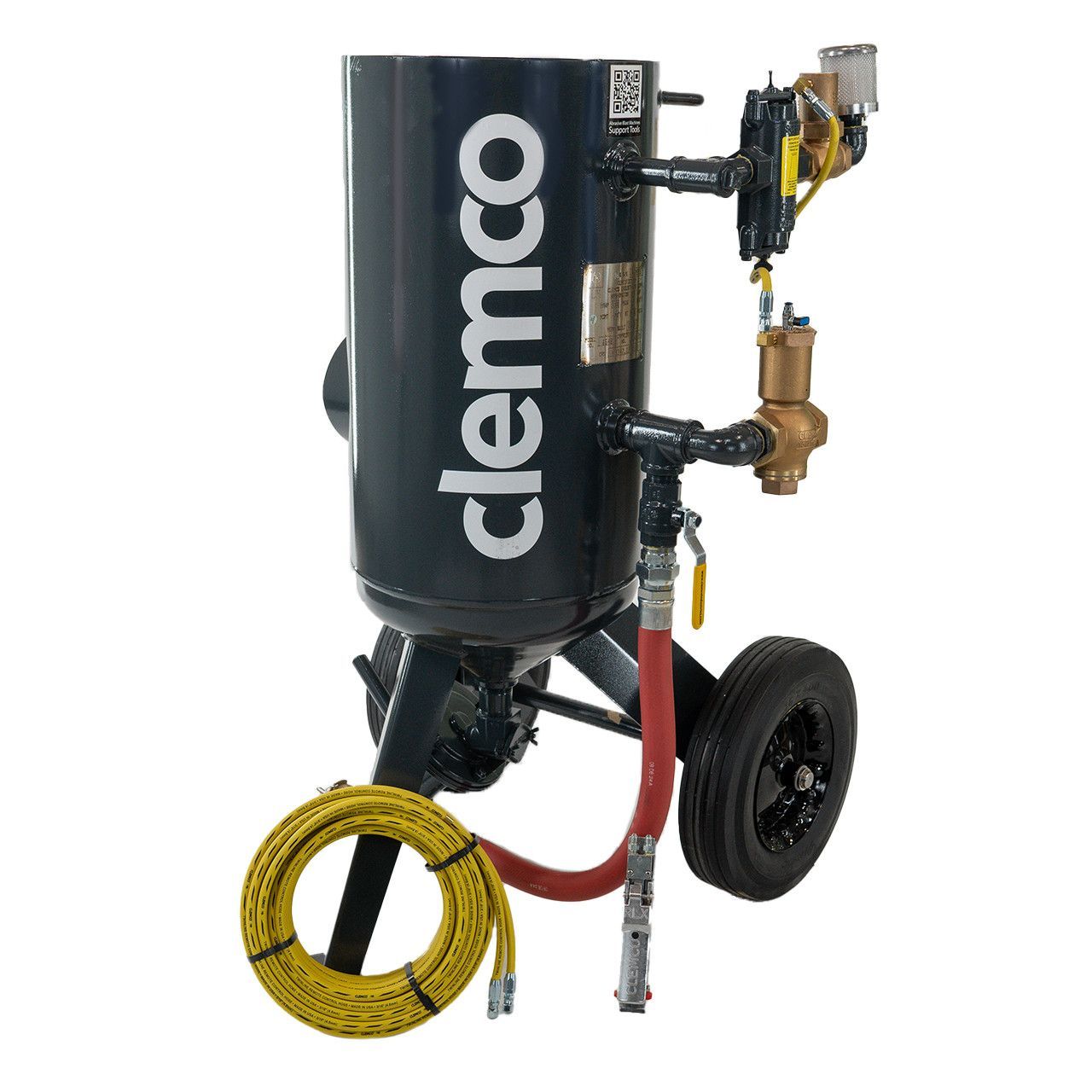 Black Clemco pressure blast pot on wheels with hoses and yellow coiled hose attachment
